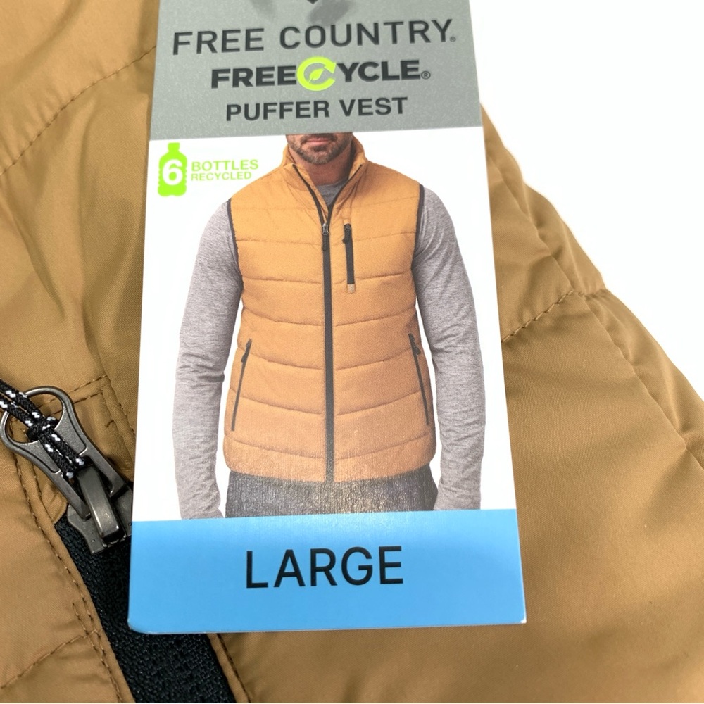 Men’s Free Country Puffer Vest Size L Bronze Bark Zippered Pockets Stand Collar - Picture 9 of 9